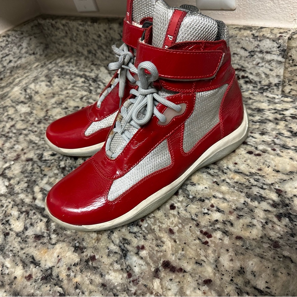 Prada Red and Gray Kids High-Top Sneakers